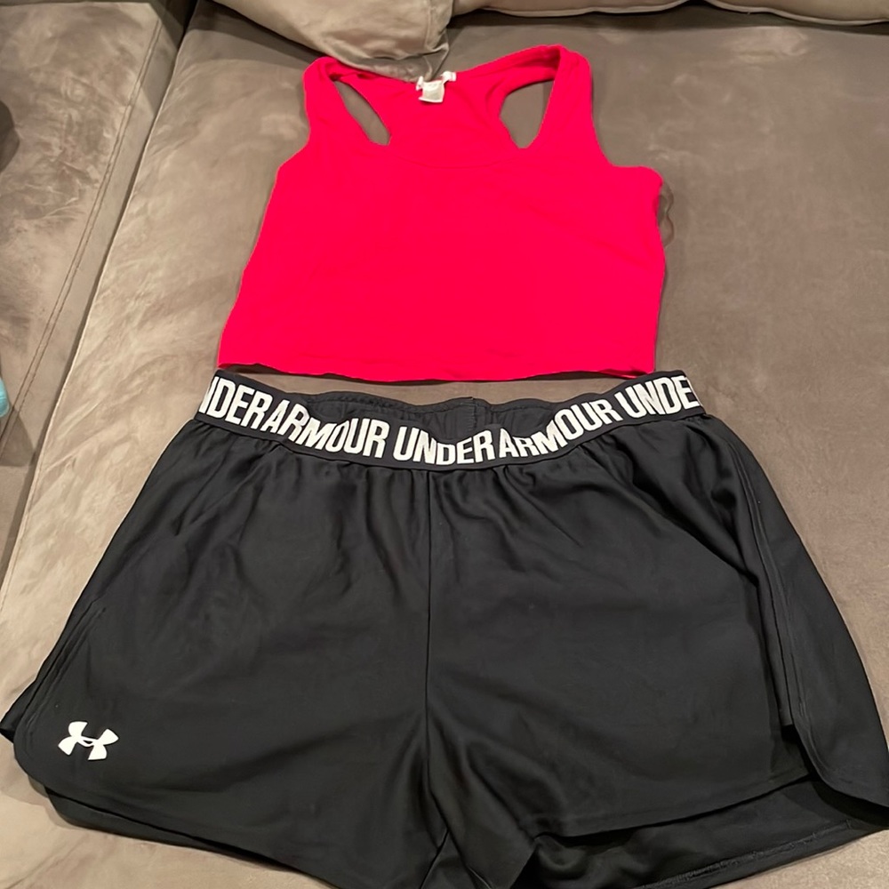 Under armour shorts and red tank top